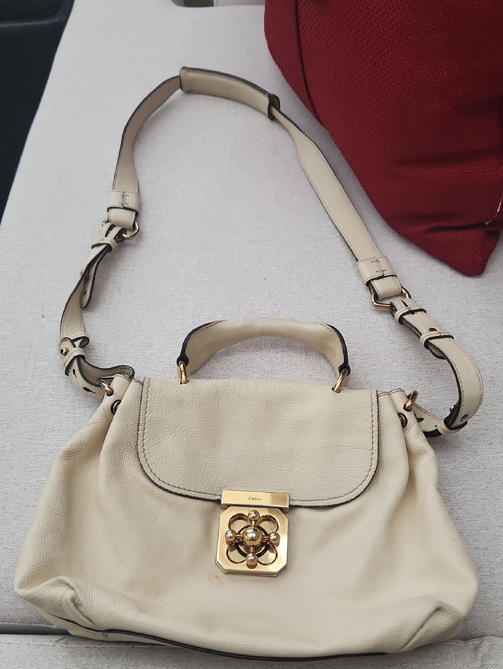Chloe Cream Leather Shoulder Bag with Gold Floral Lock